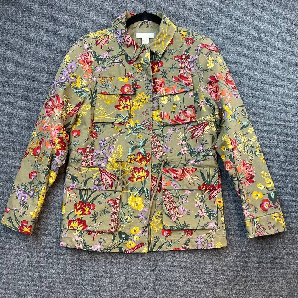 H&M Floral Utility Jacket Khaki Cotton Women’s Size 4 US 34 EU